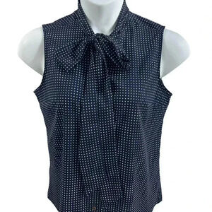 Tommy Hilfiger Womens L Top Sleeveless Tie Neck Navy Blue Polka Dot Blouse